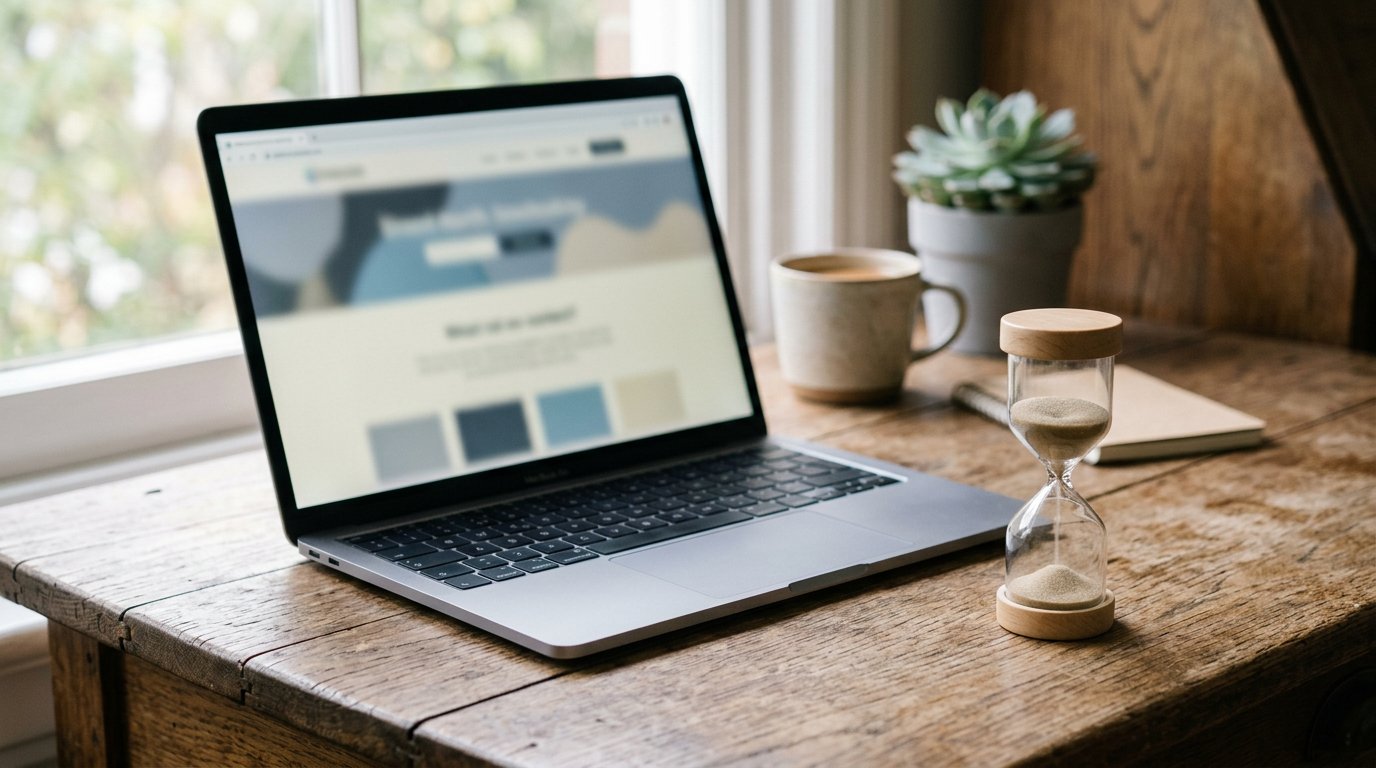 Laptop egy weboldallal és egy homokóra egy fa íróasztalon